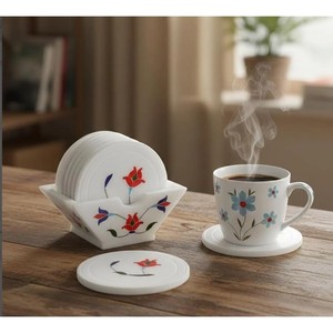 Ensemble de 4 sous-verres en bois de sheesham Aqdus Saleem avec incrustation de marbre, avec couvercle et cuillère |   Artisanat écologique en gros - Product Image 2