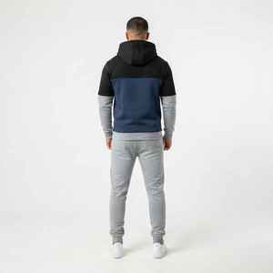Ensemble de survêtement à capuche pour homme HAWK EYE, couleur contrastée, sweat-shirt décontracté à manches longues avec poches à cordon, gris bleu marine, vêtements d'automne - Product Image 2
