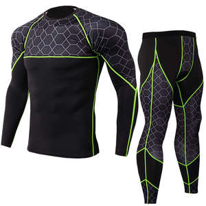 Ensemble de vêtements de sport pour homme, noir et bleu, à motifs géométriques, compression, manches longues, col respirant, évacuation de l'humidité, séchage rapide, pantalon long - Product Image 2