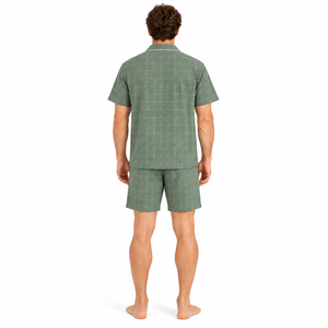 Ensemble de pyjama en rayonne à carreaux pour homme, manches courtes, boutonné, tenue de nuit et de détente, toutes saisons, avec short assorti, vert - Product Image 3