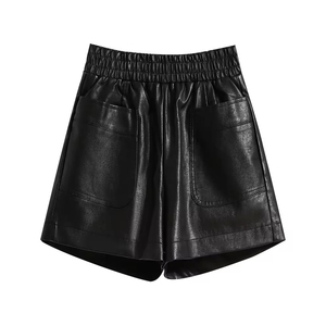 Women's High Waist Leather Shorts Loose Fit <b>Elastic</b> Waist With Pockets Moto Biker Style Solid Black OEM Sample Service - Product Image 5