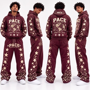 Conjunto deportivo vintage para hombre en gris carbón heather, sudadera con capucha y estampado gráfico de estrellas, pantalones deportivos anchos y holgados de felpa gruesa, 2 piezas. - Product Image 3