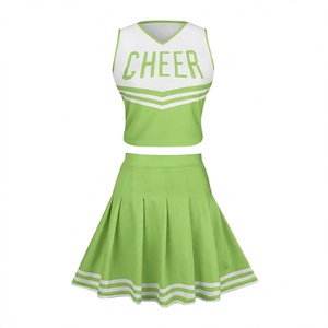 Custom Women Cheerleading Uniform Set Sleeveless V Neck Green <b>White</b> Crop Top <b>Pleated</b> <b>Skirt</b> Team Dance Sportswear Performance - Product Image 1