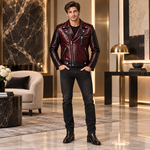Men's Red Black Solid Genuine Leather Streetwear Winter Moto Biker <b>Jacket</b> <b>Zipper</b> <b>Pockets</b> Slim Fit - Product Image 2