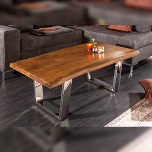 Table basse en bois de style vintage moderne et durable Vandana MAMMUT 110 cm, finition acacia miel, cadre en forme de traîneau, bord de 4 cm, plateau de table - Product Image 1