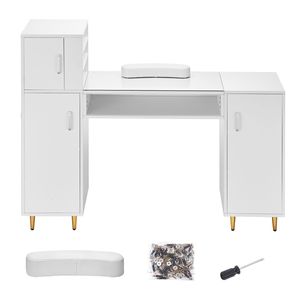 Tavolo per Manicure Resistente all'Acetone con Piano in Vetro, Postazione per Trucco e Unghie con Armadietti Portaoggetti - Product Image 1