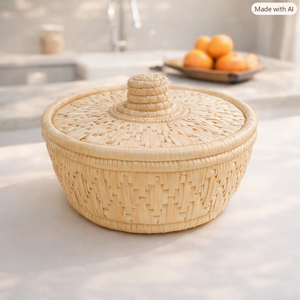 Panier rond en bambou avec couvercle, conteneur de rangement artisanal pour la cuisine, durable, écologique, pour herbes et épices - Product Image 5