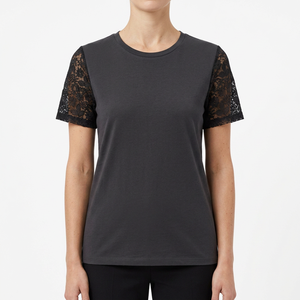 Camiseta de Verano para Mujer, Cuello Redondo, Manga Corta, Color Sólido, con Mangas de Encaje, Transpirable, Tejida, Informal - Product Image 1