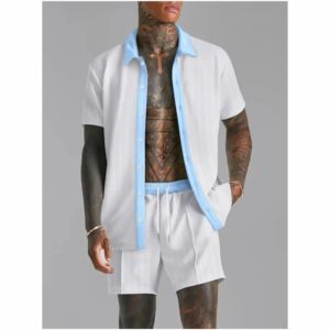 ชุดเซ็ตสองชิ้นสำหรับผู้ชาย เสื้อเชิ้ตแขนสั้นติดกระดุมคอปกตัดสี และกางเกงขาสั้นเอวยางยืด ชุดลำลองสำหรับฤดูร้อน - Product Image 5