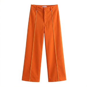 Pantalon large orange taille haute coupe ample couleur unie avec bande latérale décontracté longueur totale tissé - Product Image 1
