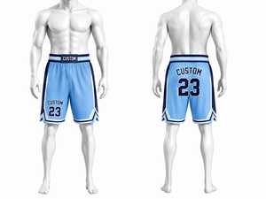 Shorts de basketball personnalisés pour hommes, bleu clair, rayures marine, impression par sublimation, séchage rapide, taille élastique, longueur mi-cuisse, vêtements de sport décontractés - Product Image 1