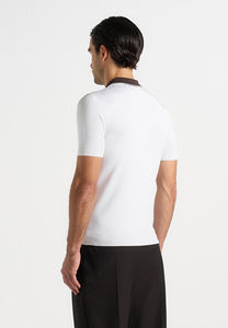 Polo en coton blanc pour homme, manches courtes, couleur unie, coupe décontractée, col piqué tricoté avec bordure et boutons marron - Product Image 4