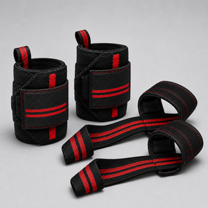 Adjustable Neoprene Wrist <b>Support</b> Straps Hook & Loop Closure Lightweight Non-Slip Weight Lifting Combo Set Black Red Stripe - Product Image 1