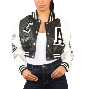 Stylish Unisex College Baseball <b>Jacket</b> Black <b>White</b> Contrast Soft Sleeves Varsity Letter Patch Design Front Breathable Winter - Product Image 1