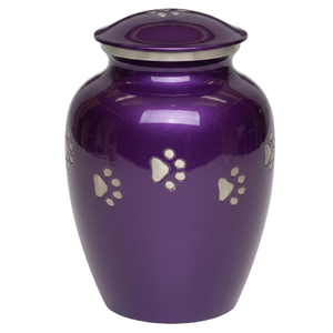 Urnes funéraires pour animaux de compagnie en aluminium de haute qualité avec empreinte de patte, finition en étain et couleur violette, urnes métalliques durables pour animaux de compagnie - Product Image 1