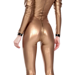 Combinaison pour femme en PU doré, manches longues bouffantes, taille haute, coupe ajustée avec fermeture éclair, tenue de club, longueur intégrale, couleur unie - Product Image 5