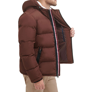 Veste matelassée à capuche pour homme, marron, polyester, rembourrée de duvet, coupe-vent, manteau d'hiver décontracté, fermeture éclair, coupe régulière - Product Image 3