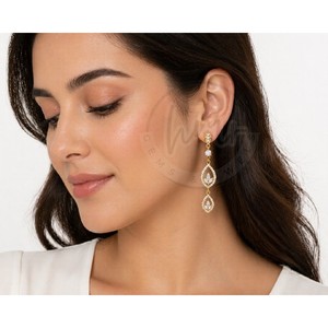 Luxury <b>Gold</b> Plated American Diamond <b>Dangle</b> <b>Earrings</b> for Women Teardrop CZ Danglers Bridal & Party Jewelry - Product Image 3