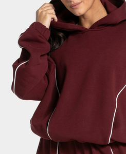 Sudadera con capucha para mujer, color burdeos, con contraste de líneas, estilo casual, oversize, de forro polar premium, con ribetes - Product Image 4