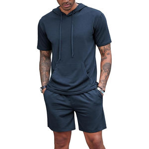 Ensemble short homme 100% coton été 2 pièces, logo personnalisé, sweat à capuche oversize avec cordon de serrage + short, streetwear pour homme - Product Image 5