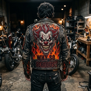 OEM Custom Men Distressed Leather Motorcycle <b>Jacket</b> Heavy Clown Embroidery <b>Punk</b> Flame Biker Coat Streetwear Wholesale - Product Image 1