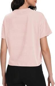 เสื้อยืดออกกำลังกายผู้หญิง คอกลม แขนสั้น สีชมพู ทรงครอป พิมพ์โลโก้ได้ตามต้องการ ผ้าถัก สีพื้น ทรงบ็อกซ์ฟิต - Product Image 5