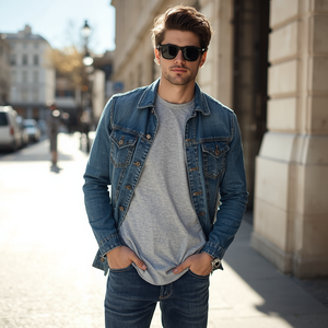 ชุดเสื้อยืดและกางเกงยีนส์สไตล์วินเทจสำหรับผู้ชาย ผ้าฝ้ายซักแล้ว ชุดลำลองสองชิ้น พร้อมบริการปรับแต่งแบบ OEM ODM - Product Image 3