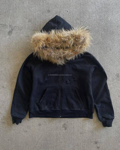 Sweat à capuche de rue en laine française en coton robuste 400g surdimensionné avec col en fausse fourrure amovible et zippé teint uni pour l'hiver - Product Image 3