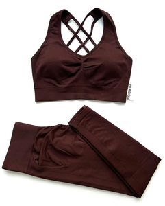 Ensemble de yoga 2 pièces mauve : Crop top et leggings taille haute sans couture, dos nageur, décolleté en V profond, short uni en Spandex/Nylon respirant et élastique - Product Image 6