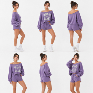 Conjunto de Sudadera Oversize de Felpa con Hombros Descubiertos y Dobladillo Deshilachado para Mujer, y Shorts de Felpa Francesa con Hombros Descubiertos y Dobladillo sin Rematar - Product Image 5