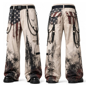 <b>Gothic</b> Angel Printed Wide Leg Cargo Pants With Chain Decoration Elastic Waist Men Street Style Distressed Canvas Pants - Product Image 1