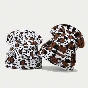 Gorro de lana con orejeras, tejido jacquard con estampado de leopardo, grueso y cálido, para otoño e invierno, para circunferencias de cabeza grandes. - Product Image 2