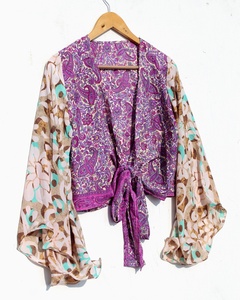 Nouvel arrivage de haut portefeuille en soie de Bohème pour femmes haut évasé à nouer à manches cloche Boho haut court robe tunique courte - Product Image 1