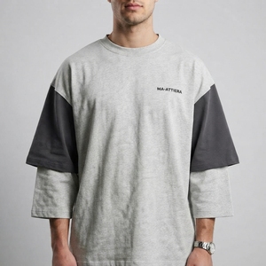 <b>Men's</b> Color Block Oversized T Shirt Crew <b>Neck</b> Layered Long Sleeve Casual Streetwear Cotton <b>Tshirt</b> Relaxed Fit - Product Image 1