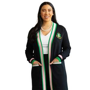 Cárdigan Largo Negro para Mujer, Estilo Griego con Letras, Suéter de Punto, Frente Abierto, Elegante y Casual - Product Image 1