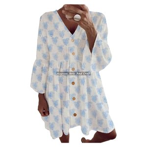Vestido de Primavera/Verano para Mujer, 100% Algodón Orgánico, Diseño con Estampado Artesanal, Tinte Ecológico, Manga Campana - Product Image 1