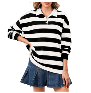 Sweat-shirt polo rayé surdimensionné pour femme, à manches longues, col rugby, coupe ample - Product Image 1