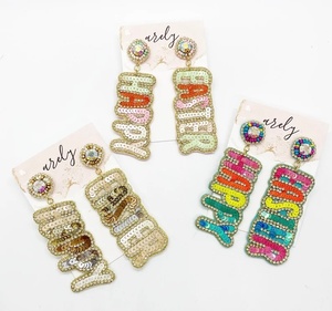 Boucles d'oreilles pendantes classiques en forme de goutte d'eau, motif œuf de Pâques, multicolores, à rayures, pour femme - Product Image 4