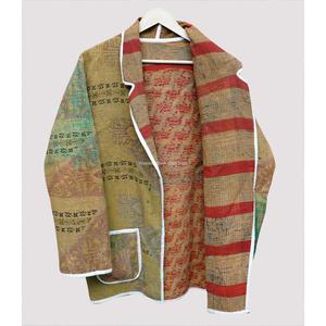 Chaqueta de invierno reversible acolchada con costuras Kantha indias, cuello mandarín, 100% algodón, larga, con forro de algodón. - Product Image 3