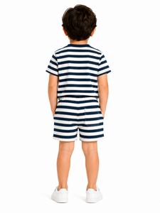 Conjunto de Ropa de Verano para Niños Pequeños, Azul Marino con Rayas Blancas, de Algodón, Dos Piezas, Manga Corta, Estilo Casual - Product Image 3