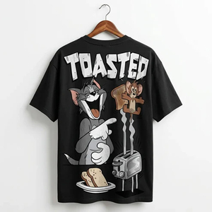 T-shirt noir pour homme à manches courtes et col rond, imprimé dessin animé Tom et Jerry, style streetwear oversize, jersey décontracté éco-responsable - Product Image 1