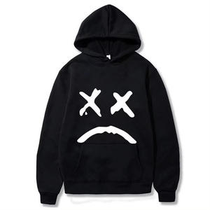 Sudadera con capucha negra para hombre con estampado de ojos blancos en X y boca triste, estilo oversize, informal, para otoño, de algodón French Terry. - Product Image 1