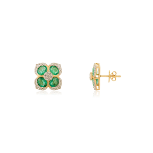 Exclusive Modernist Style Zambian Emerald & Diamond Flower Shape Big Stud Earrings For Wedding Bridesmaid Gifts 18K Yellow Gold - Product Image 3