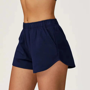 Shorts de sport tricotés bleu marine taille haute pour femme, taille élastique, respirants, coupe régulière, couleur unie, pour tenue active - Product Image 1