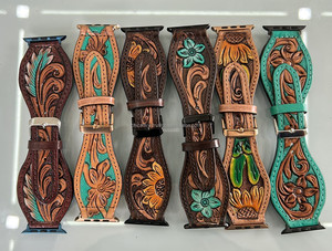 สายนาฬิกาหนังแท้ทำด้วยมือแท้ใหม่ออกแบบเองแบบตะวันตกลายดอกไม้เครื่องมือทาสีสายนาฬิกาเปลี่ยนสไตล์ตะวันตกสไตล์ Boho - Product Image 2