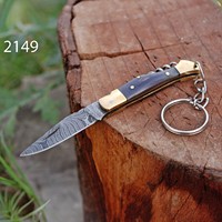 Mini couteau pliant en acier Damas avec porte-clés, manche en os, 5 pouces, pointe tombante, outil de survie pour le camping en extérieur, OEM, garantie 3 ans