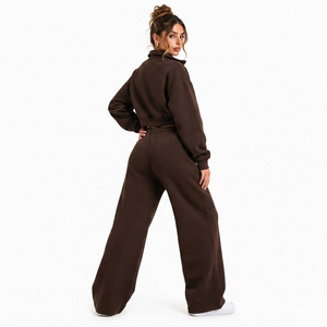 Bulk Hoodies Chocolate <b>Brown</b> Stand Collar Cropped Zip Women Jacket Tracksuit Wide Leg <b>Jogger</b> Set Custom GSM Heavy Cotton Fleece - Product Image 3