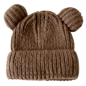 Gorro de Punto Acrílico Unisex de Color Sólido con Orejas de Oso para Bebés, Estilo Casual de Invierno, Tejido Acanalado - Product Image 3