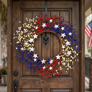 Patriotic Twig Wreath Packed With Red White And Blue Berries And Bold White Stars, Perfect Fourth Of July <b>Front</b> <b>Door</b> <b>Decoration</b> - Product Image 1