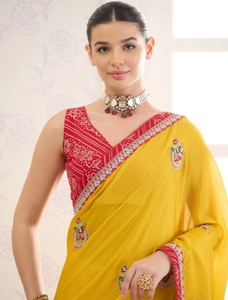 KV Women's Embroidered Wrinkle-Free Reversible Autumn Bollywood Georgette Floral Print <b>Saree</b> with Unstitched Blouse (<b>Yellow</b>) - Product Image 2